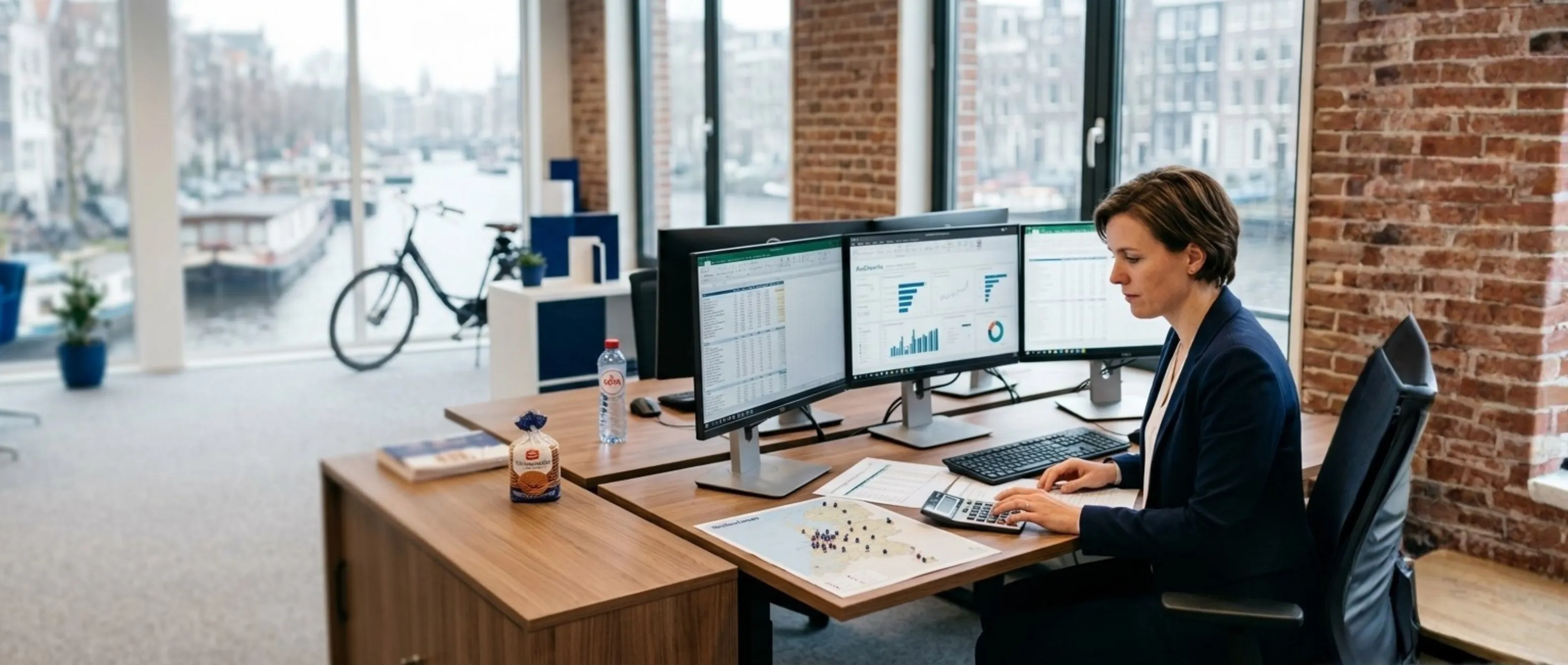 FP&A analist werkt aan financiële analyses op meerdere schermen