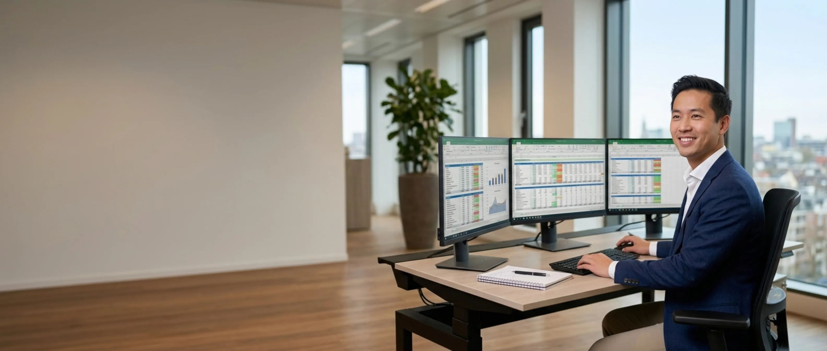 Financial controller aan het werk achter drie schermen met financiële data