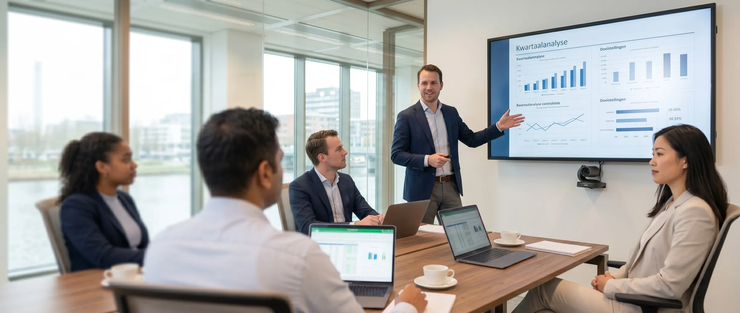Auditor presenteert kwartaalanalyse aan collega's in vergaderruimte