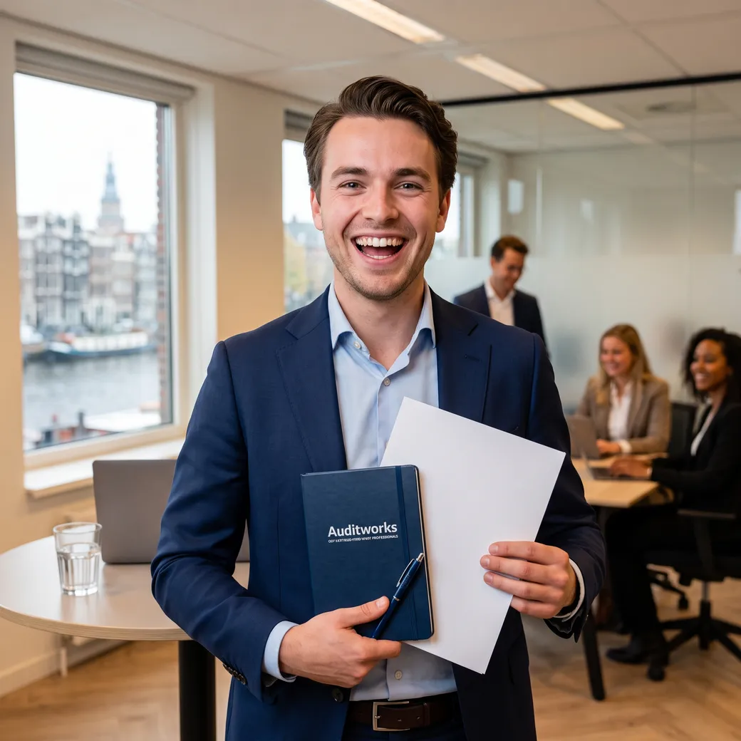 Glimlachende auditor met Auditworks-notitieboek in kantooromgeving